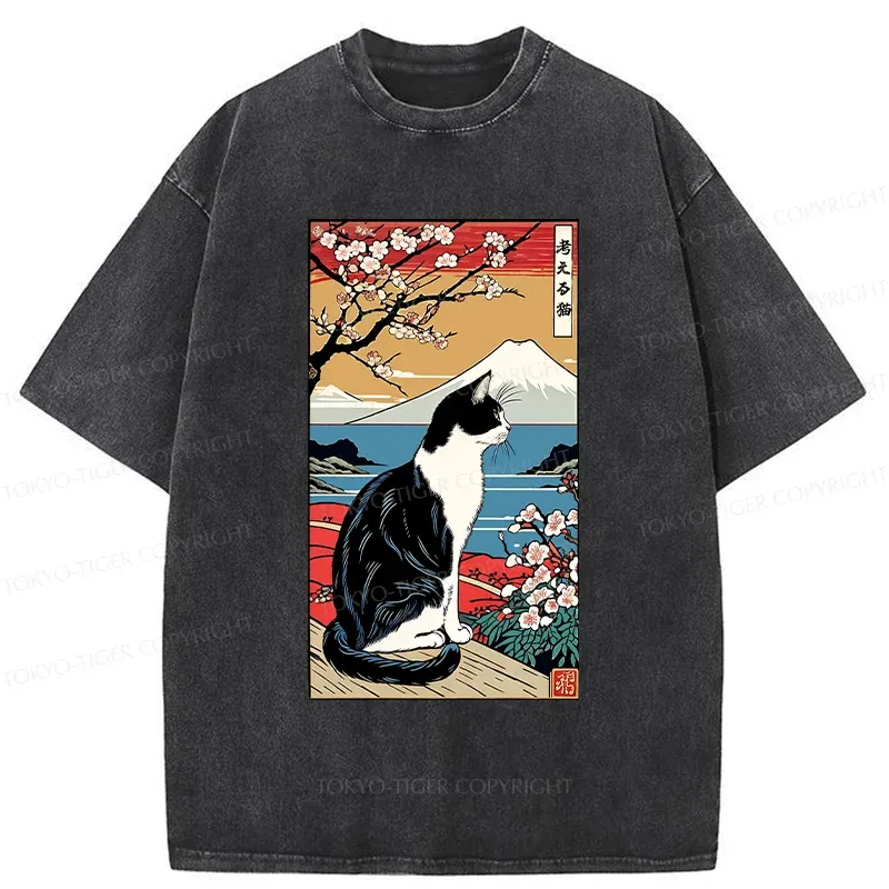 Tokyo-Tiger Thinking Cat Poster Washed T-Shirt