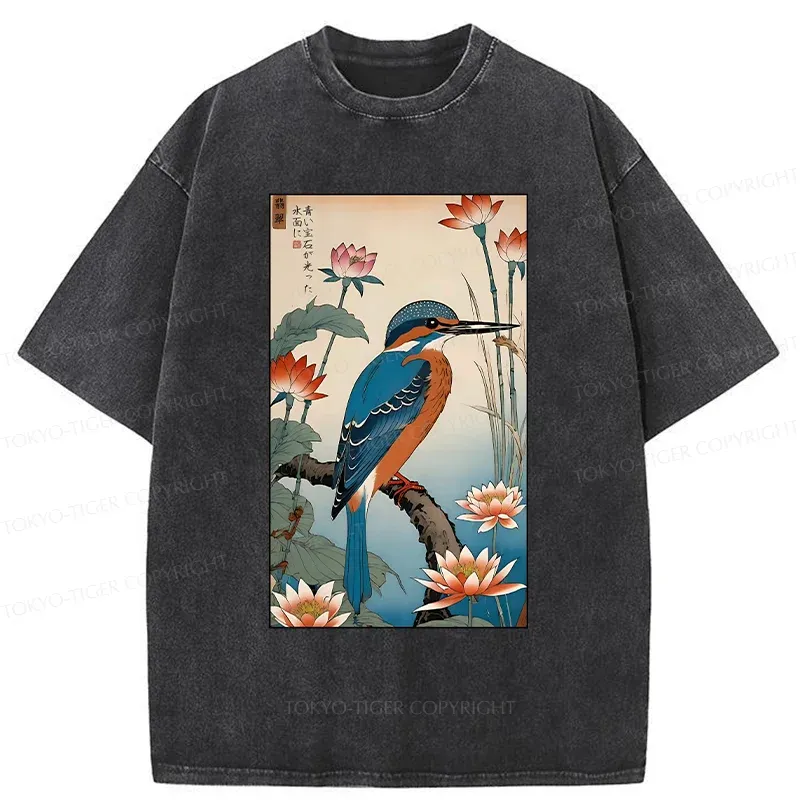 Tokyo-Tiger Ukiyo-e Kingfisher Washed T-Shirt