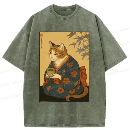 Tokyo-Tiger Ukiyoe Cat Drinking Tea Washed T-Shirt