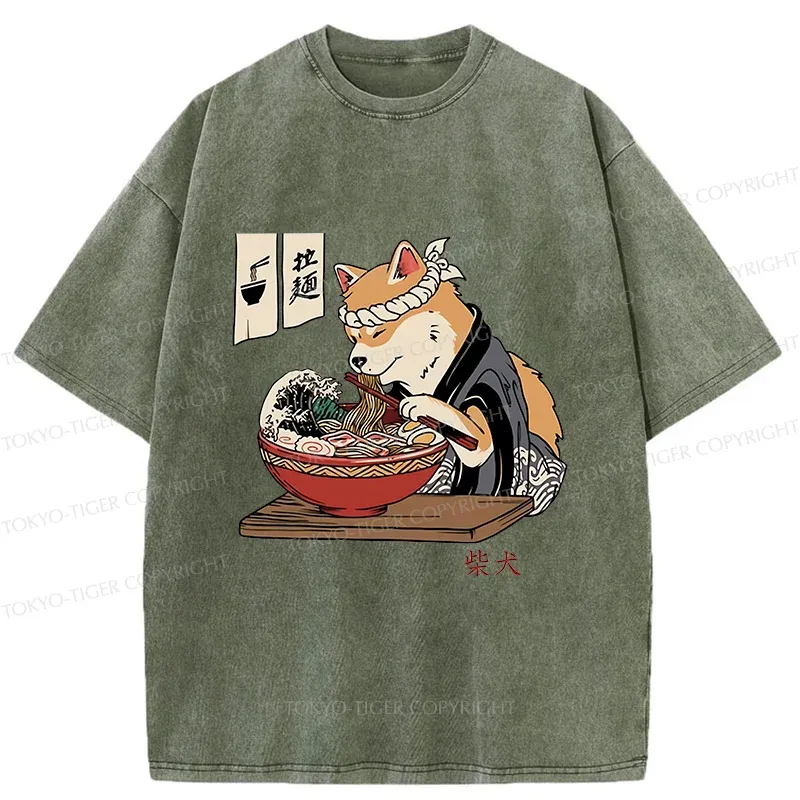 Tokyo-Tiger Shiba Inu Eating Ramen Japan Washed T-Shirt