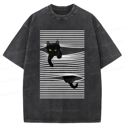 Tokyo-Tiger Cat Scratching Curtain Washed T-Shirt
