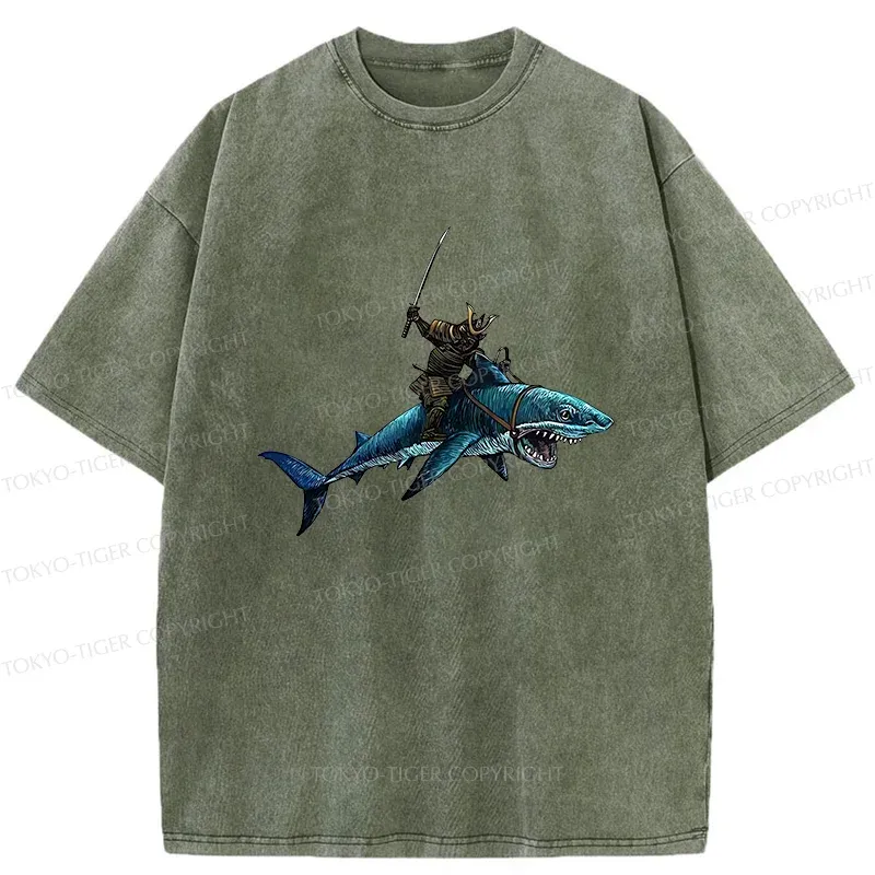 Tokyo-Tiger Samurai Riding A Shark Washed T-Shirt