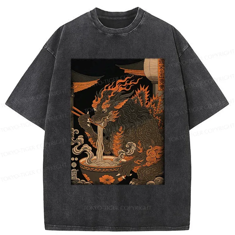 Tokyo-Tiger Kirin Eating Ramen Washed T-Shirt Sale