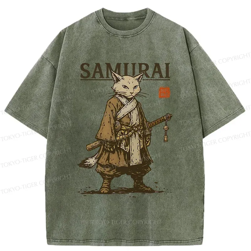 Tokyo-Tiger Samurai Cat Japan Washed T-Shirt