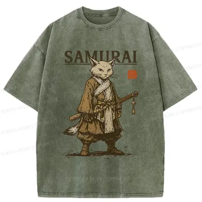 Tokyo-Tiger Samurai Cat Japan Washed T-Shirt