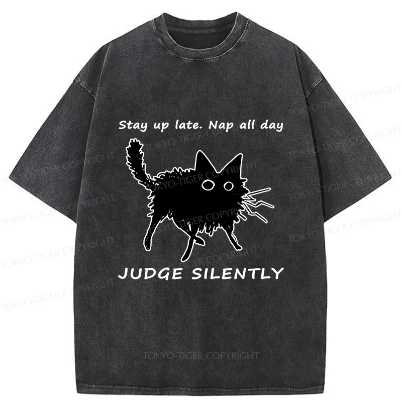 Tokyo-Tiger Lazy Black Cat Funny Washed T-Shirt