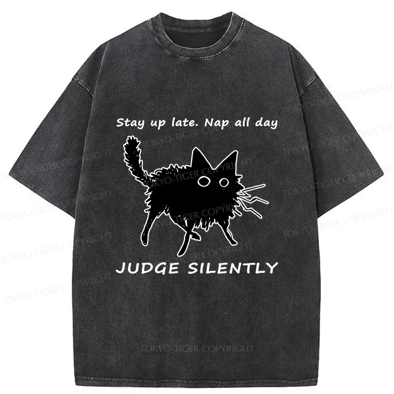 Tokyo-Tiger Lazy Black Cat Funny Washed T-Shirt