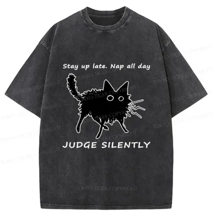 Tokyo-Tiger Lazy Black Cat Funny Washed T-Shirt