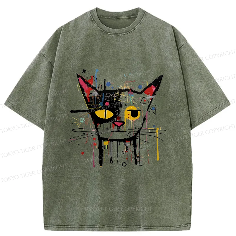 Tokyo-Tiger Abstract Cat Funny Washed T-Shirt