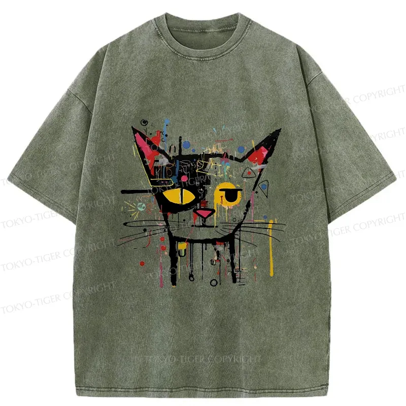 Tokyo-Tiger Abstract Cat Funny Washed T-Shirt