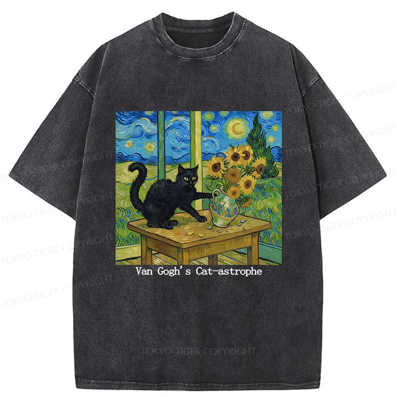 Tokyo-Tiger Cat Playing With Sunflowers Washed T-Shirt