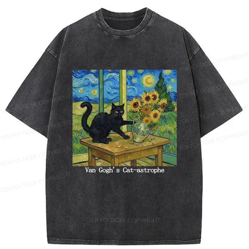 Tokyo-Tiger Cat Playing With Sunflowers Washed T-Shirt