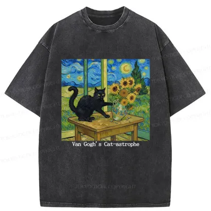 Tokyo-Tiger Cat Playing With Sunflowers Washed T-Shirt