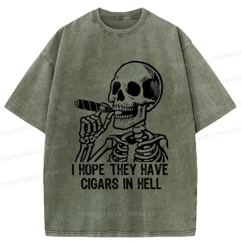 Tokyo-Tiger Skeleton Smoking A Cigar Washed T-Shirt