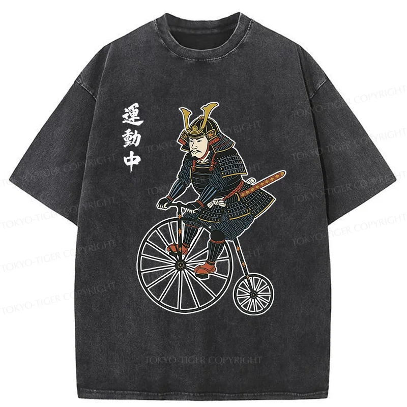 Tokyo-Tiger Samurai Riding Penny-farthing Washed T-Shirt
