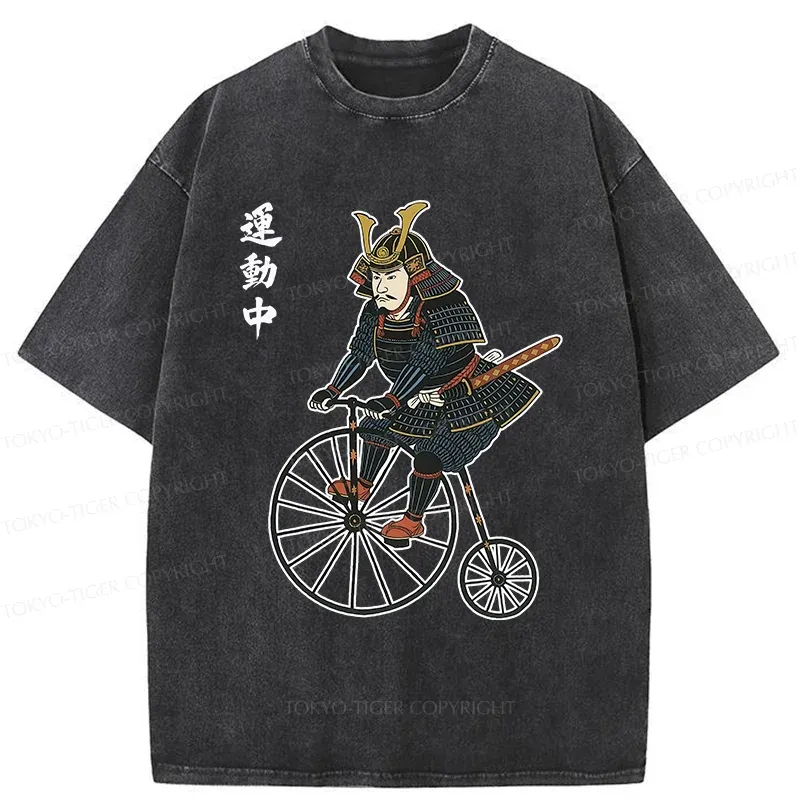 Tokyo-Tiger Samurai Riding Penny-farthing Washed T-Shirt Sale