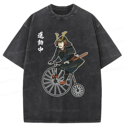 Tokyo-Tiger Samurai Riding Penny-farthing Washed T-Shirt