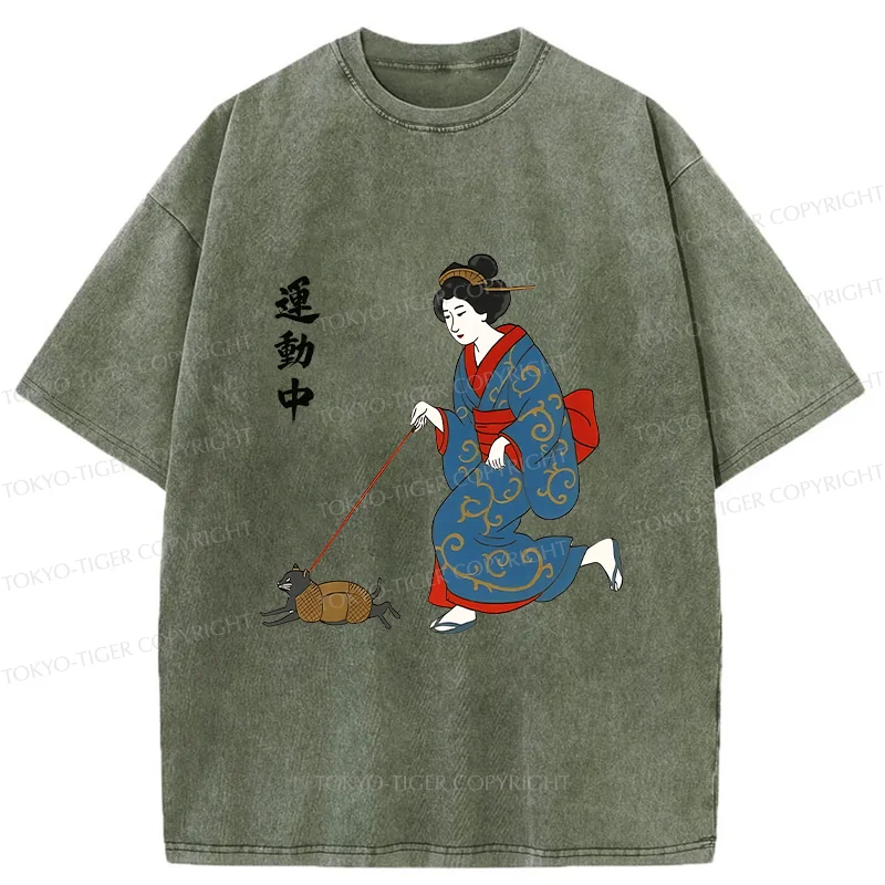 Tokyo-Tiger Geisha Walking Cat Washed T-Shirt