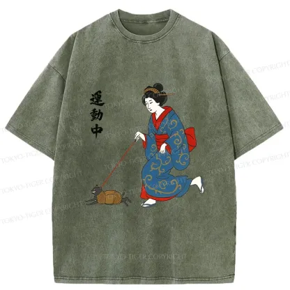 Tokyo-Tiger Geisha Walking Cat Washed T-Shirt