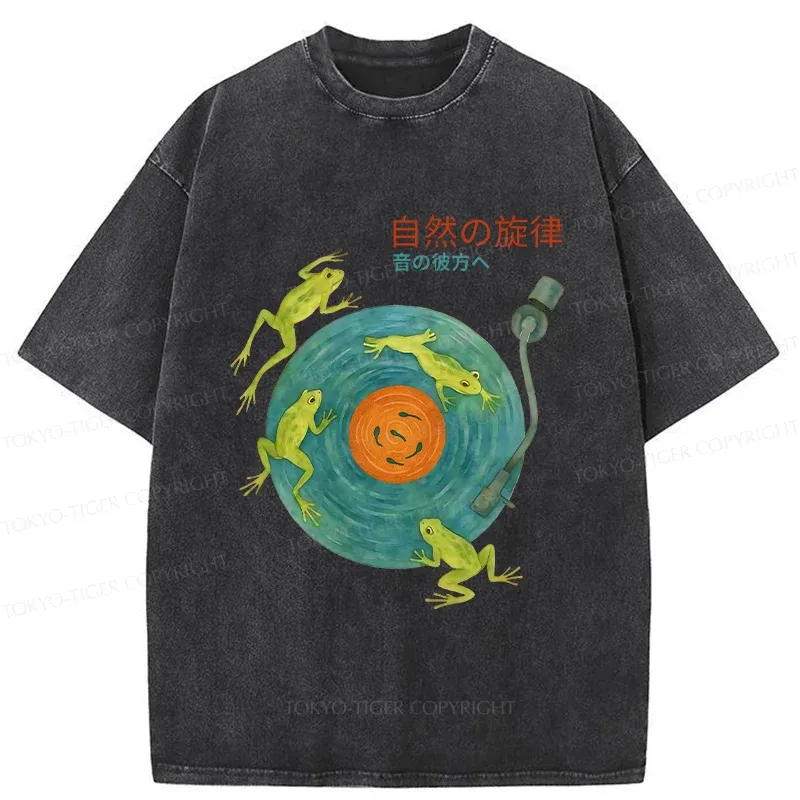 Tokyo-Tiger Frog Art Record Washed T-Shirt