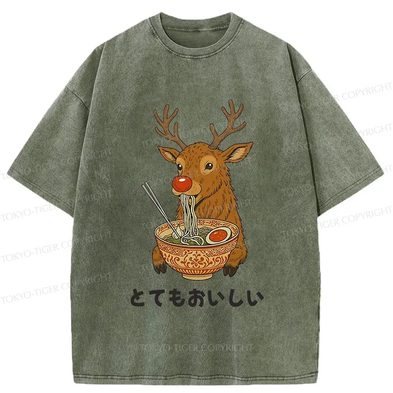 Tokyo-Tiger Reindeer Eating Ramen Washed T-Shirt