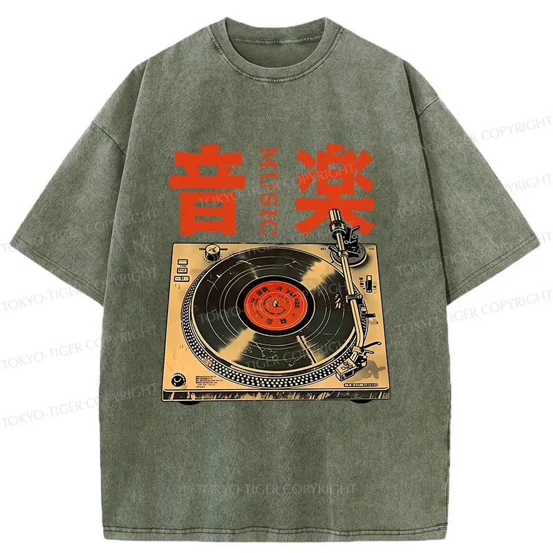 Tokyo-Tiger Retro Music Record Player Washed T-Shirt Sale