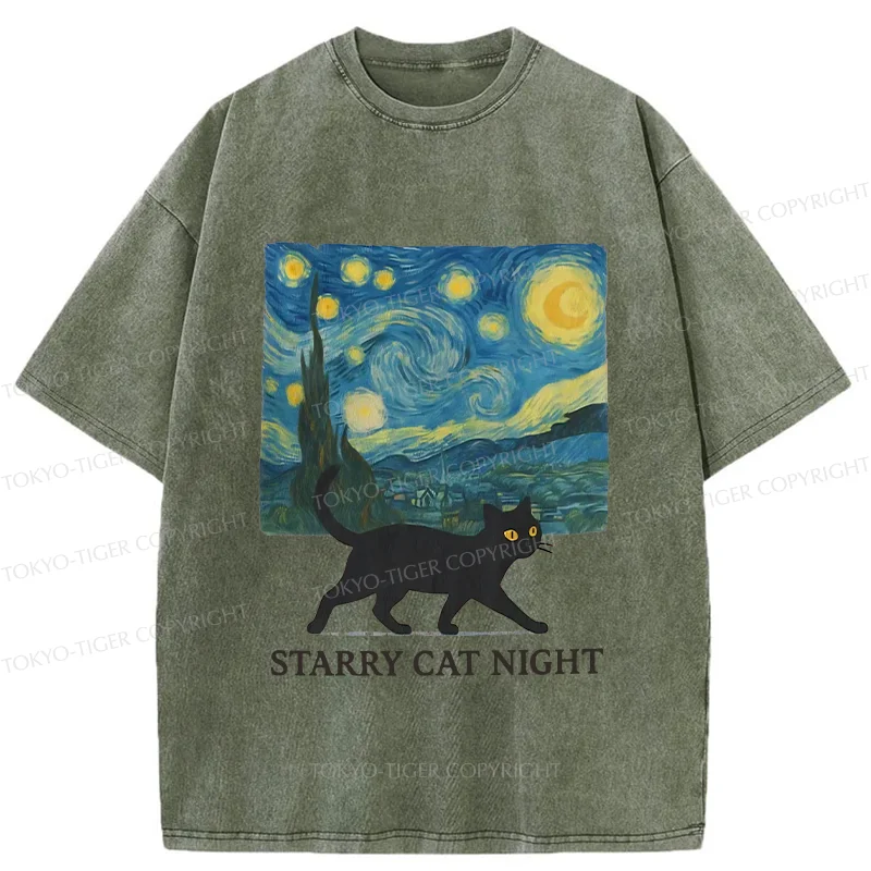 Tokyo-Tiger Cat Walking Under The Stars Washed T-Shirt