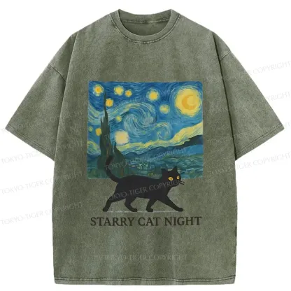 Tokyo-Tiger Cat Walking Under The Stars Washed T-Shirt