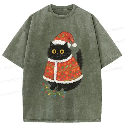 Tokyo-Tiger Cat Wearing Santa Hat Washed T-Shirt