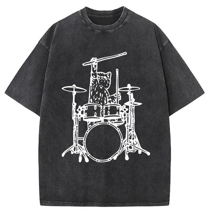 Tokyo-Tiger Handsome Cat Drummer Washed T-Shirt