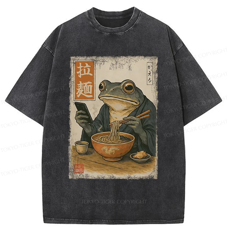 Tokyo-Tiger Funny Frog Eating Ramen Washed T-Shirt