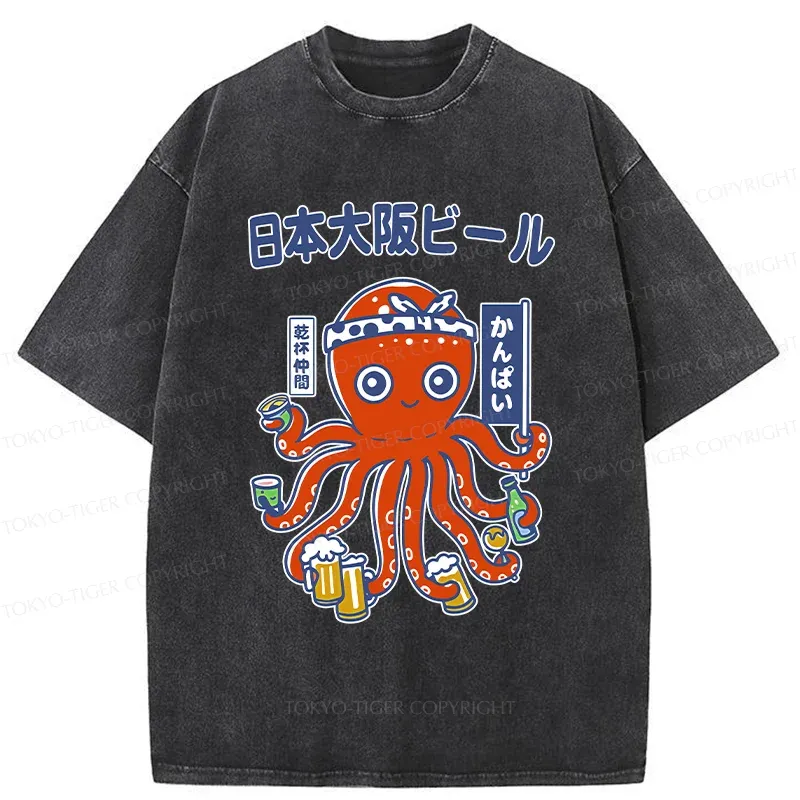 Tokyo-Tiger Octopus Chef Drinking Beer Washed T-Shirt
