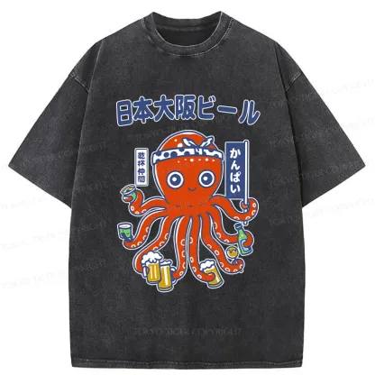 Tokyo-Tiger Octopus Chef Drinking Beer Washed T-Shirt