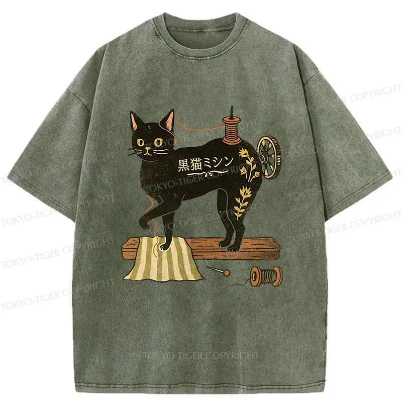 Tokyo-Tiger Sewing Machine Cat Washed T-Shirt