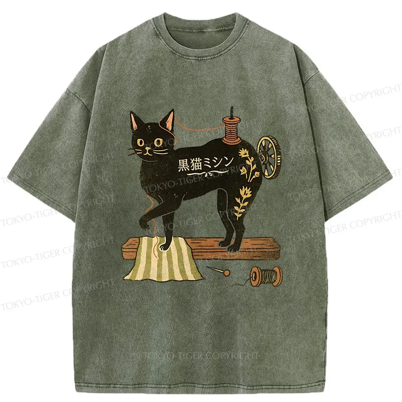 Tokyo-Tiger Sewing Machine Cat Washed T-Shirt