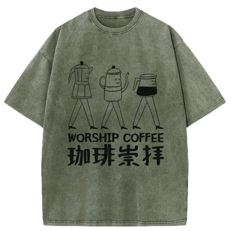 Tokyo-Tiger Worship Coffee Funny Washed T-Shirt