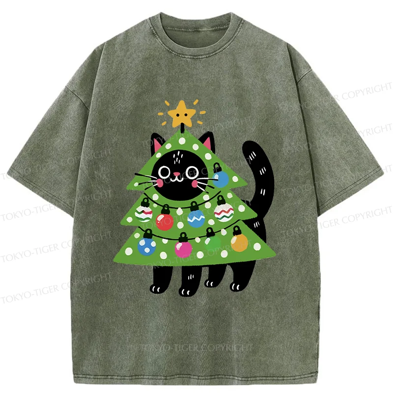 Tokyo-Tiger Christmas Tree Cat Washed T-Shirt
