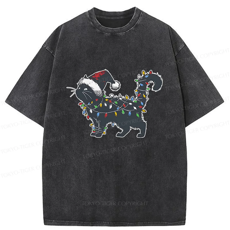 Tokyo-Tiger Cat Entangled In Christmas Lights Washed T-Shirt