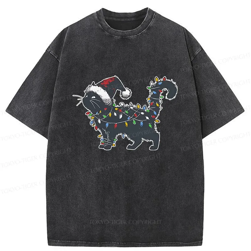 Tokyo-Tiger Cat Entangled In Christmas Lights Washed T-Shirt