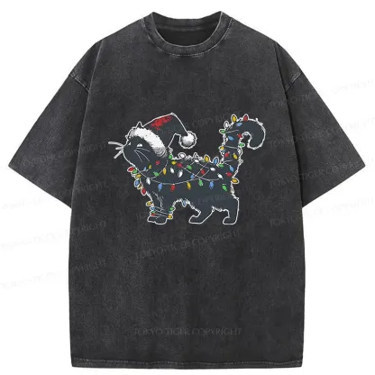 Tokyo-Tiger Cat Entangled In Christmas Lights Washed T-Shirt