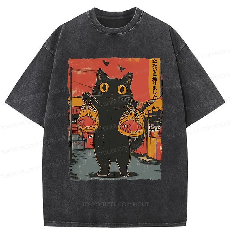 Tokyo-Tiger Cat Fishing Washed T-Shirt