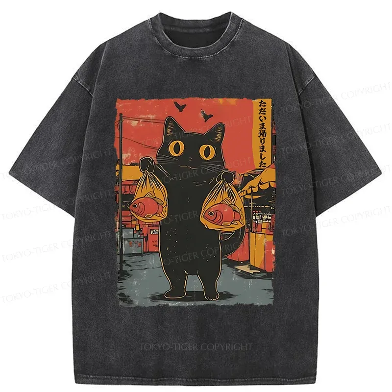 Tokyo-Tiger Cat Fishing Washed T-Shirt