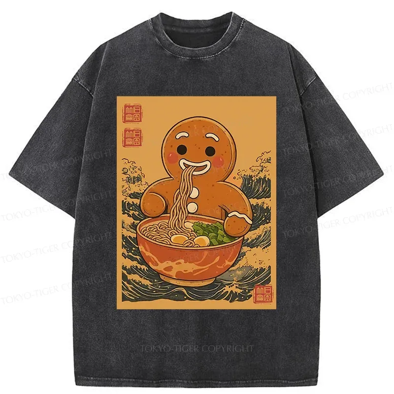 Tokyo-Tiger Gingerbread Man Eating Ramen Washed T-Shirt Sale