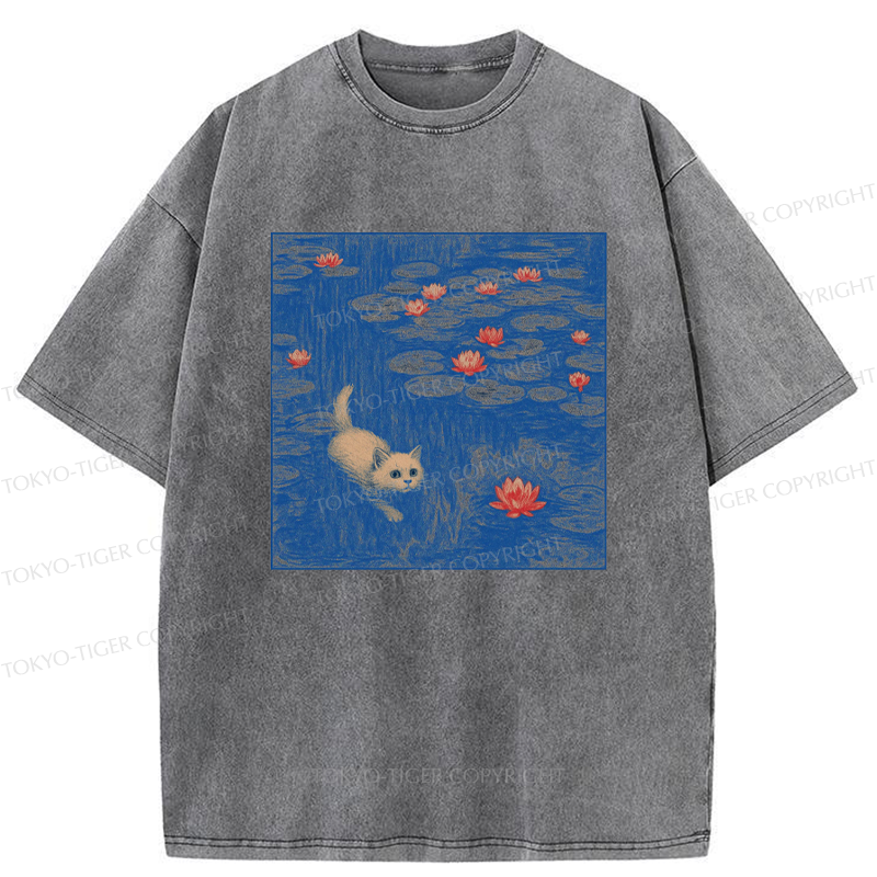 Tokyo-Tiger The Kitten Sneaking Into The Water Lilies Washed T-Shirt