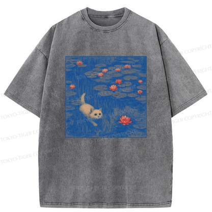 Tokyo-Tiger The Kitten Sneaking Into The Water Lilies Washed T-Shirt