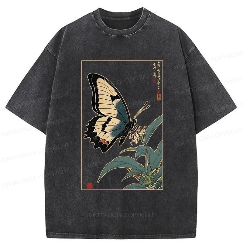 Tokyo-Tiger Ukiyo-e Butterfly Washed T-Shirt