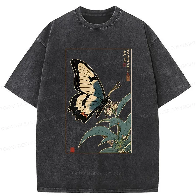 Tokyo-Tiger Ukiyo-e Butterfly Washed T-Shirt