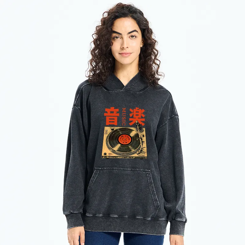 Tokyo-Tiger Retro Music Record Player Washed Hoodie
