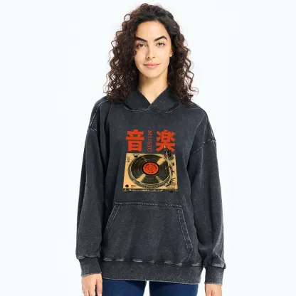 Tokyo-Tiger Retro Music Record Player Washed Hoodie