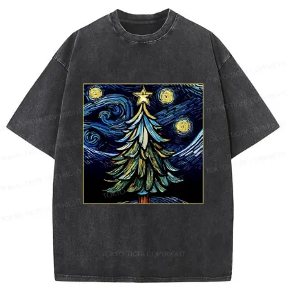 Tokyo-Tiger Christmas Tree Under The Starry Night Washed T-Shirt